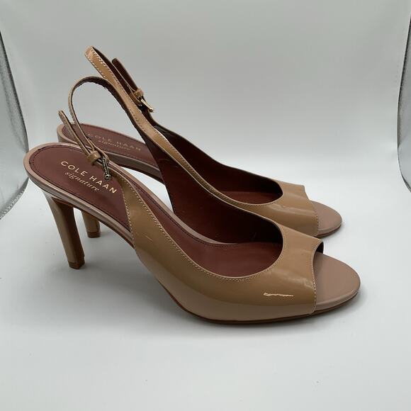 Cole Haan Shoes Heels Womens 8B Nude Tan Patent Leather Slingback Peep Toe - Picture 3 of 15